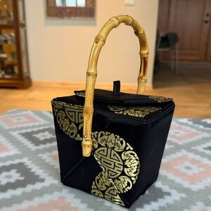 Asian motif Black and Gold Bamboo-Handle Evening Bag
